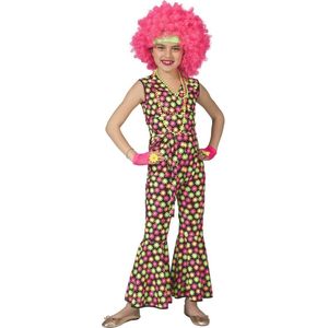 Funny Fashion - Hippie Kostuum - Fluor Flower Power Goes Disco - Meisje - Geel, Roze - Maat 140 - Carnavalskleding - Verkleedkleding