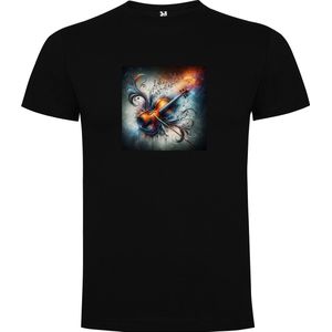 Zwart T-Shirt met “Kleurrijke Viool – Muzieknoten – Snaarinstrument “ Print Full Color Maat L