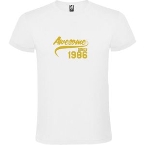 Wit T-Shirt met “Awesome sinds 1986 “ Afbeelding Goud Size L