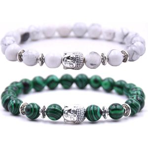 Armband heren / dames / unisex - met buddha bedel - Kralen armband boedha - Chakra armband - Cadeau voor hem of haar - Armbandenset 2 bandjes - Wit marmer & groen