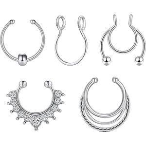 Nepseptumringen van roestvrij staal - Clip nepseptumpiercing - Zilver - Set van 5
