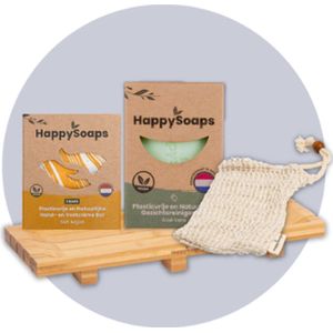 HappySoaps - Verzorgingsset met Aloë Vera en Arganolie - Gezichtsreiniger, Hand- en Voetcrème Bar, Grote Barhouder van Bamboe, Barzakje