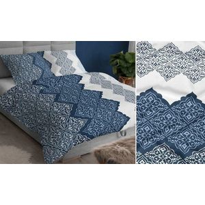 Satijnen kussensloop 50x60 cm, marineblauw/wit geometrisch, rits