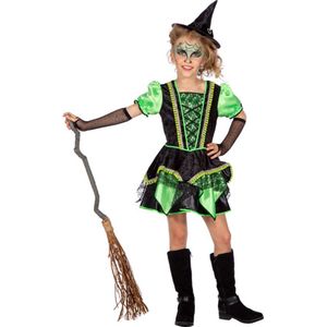 Wilbers & Wilbers - Heks & Spider Lady & Voodoo & Duistere Religie Kostuum - Groene Heks Bosalina - Meisje - Groen, Zwart - Maat 140 - Halloween - Verkleedkleding
