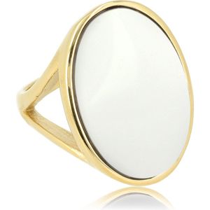 My Bendel - Grote gouden statement ring met ronde White Aventurine edelsteen - Unieke gouden statement ring voor dames met White Aventurine edelsteen - Met luxe cadeauverpakking