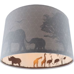 Olucia Safari - Kinderkamer plafondlamp - Stof - Grijs - Cilinder - 30 cm