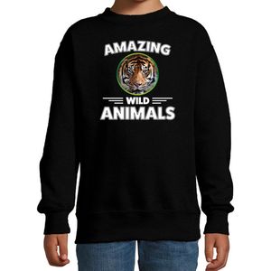 Sweater tijger - zwart - kinderen - amazing wild animals - cadeau trui tijger / tijgers liefhebber 110/116