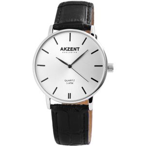 Akzent-Heren horloge-Analoog-Rond-42MM-Zilverkleurig-Zwart lederen band.