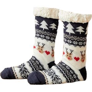 Kerstsokken met bont - donker blauw wit Noorse print - huissokken - dames - maat 37 - 41