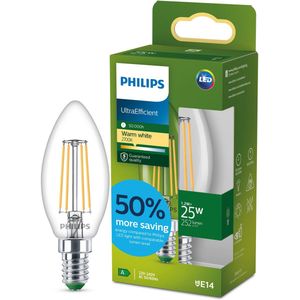 Philips UltraEfficient LED lamp - 25W - E14 fitting - Warmwit licht: 2700K - Helder glas - B35 kaarslamp - Lange levensduur