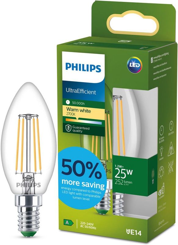 Philips UltraEfficient LED lamp - 25W - E14 fitting - Warmwit licht: 2700K - Helder glas - B35 kaarslamp - Lange levensduur