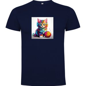 Donker Blauw T-Shirt met “ Kleurrijke Kitten met bol wol “ Print Full Color Maat XL