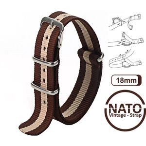 18mm Nato Strap Bruin met Khaki streep - Vintage James Bond - Nato Strap collectie - Mannen - Horlogebanden - Brown - 18 mm bandbreedte voor oa. Seiko Rolex Omega Casio en Citizen