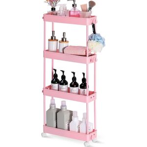 Smalle keukentrolley met 4 niveaus, 13 cm breed opbergwagen op wieltjes voor keuken of woonkamer enz., roze, 40 x 13,5 x 87 cm