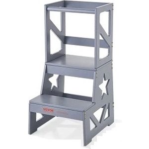 Gran Vida® - Opstapkrukje - Voor Peuters - Natuurlijk Dennenhout - Veiligheidsrails - Stabiele A-Frame Structuur - Max. Laadvermogen 68 kg - Grijs