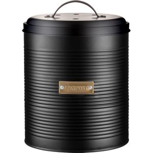 Compostbak OTTO | luchtdichte gfe-afvalbak keuken 2,5 L | Zwart gecoat staal met deksel | vervangbaar actief koolfilter | 17,5 cm | voor composteerbaar keukenafval