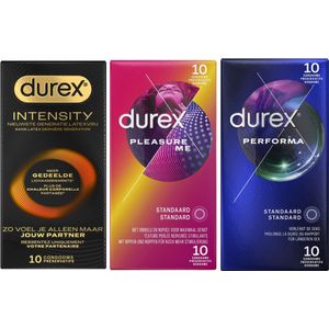 Durex - 30 stuks Condooms - Intensity 10st Nieuwste generatie ultradun, gedeelde lichaamswarmte - Pleasure Me met ribbels 10st - Performa vertragende effect 10st - Voordeelverpakking