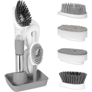 Afwasborstel met zeepdispenser - multifunctionele reinigingsborstel - 4 reservekoppen - grijs