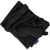 Zelesta® Sleeping Beauty Set Universal Black - Satijnen Slaapset - Geschenkset vrouwen - Satijnen kussensloop - Slaapmasker - Scrunchies - Giftset - Krullend Haar Producten