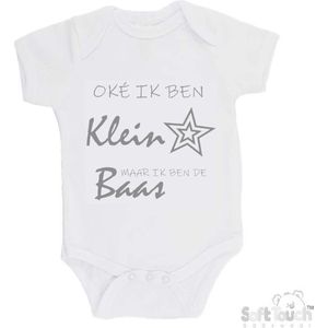 100% katoenen Romper ""Oke ik ben klein maar ik ben de baas"" Unisex Katoen Wit/grijs Maat 62/68