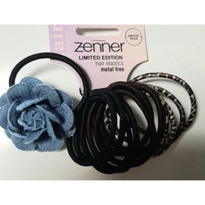 Zenner haarelastieken metalfree - limited edition - 12 haarelastiekjes - panter print bruin zwart en 1x bloem jeans - elastiekjes medium