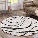 Luxus Shaggy Plus Hoogpolig Vloerkleed - Skandi Design - Creme/Zwart - Rond - Zacht en Luxe Tapijt- 120 CM ROND