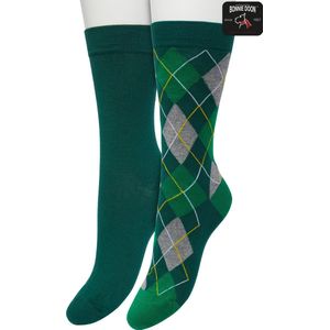 Bonnie Doon Dames Sokken set Donker Groen maat 36/42 - 2 paar - Effen en Geruit - Gladde Naden - Brede Boord - Uitstekend Draagcomfort - Perfecte Pasvorm - 2-pack - Multipack - Effen - Argyle - Donkergroen - Trekking Green - OL211122.380
