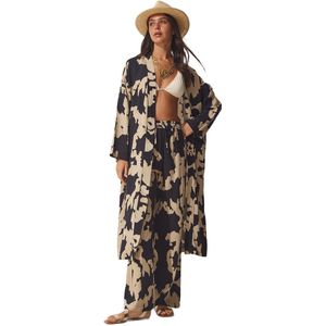 Happinessistanbul Groen-Beige Viscose Kimono Palazzo Broekpak Voor Dames Ci00086