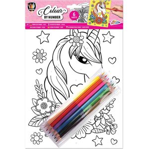 Grafix kleuren op nummer 6 vel: eenhoorn - Kleurplaten met kleurpotloden - Kleuren op nummer voor volwassenen - Kleurboek