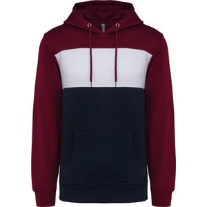 Driekleurige unisex hoodie met capuchon merk Kariban Wine/Wit/Donkerblauw - XS