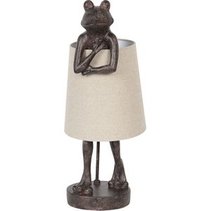 HAES DECO - Tafellamp - City Jungle - Kikker in de Lamp, formaat 23*23*56 cm - Zwart / Bruin met Witte Lampenkap - Bureaulamp, Sfeerlamp, Nachtlampje