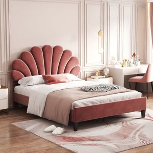 Gutent Tweepersoonsbed (Zonder matras), 140 x 200 cm, met Gebloemd hoofdeinde en lattenbodem, Velours stof, Bonenpasta rood