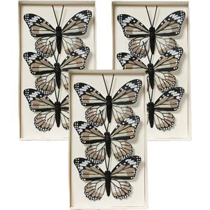 Decoris decoratie vlinders op draad - 9x - bruin tinten - 8 x 6 cm