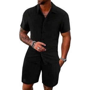 Trainingspak voor heren - 2-delig pak - poloshirt - knoop - korte mouwen - strand - joggers - gym - top - casual - hardlopen - sport - sweatshirt - activewear - zwart - L