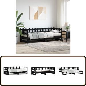 vidaXL Uitschuifbare Slaapbank - Zwart - 90x200 cm Slaapbank - Uitschuifbaar Bed - Grenenhouten Bed - Black Furniture - Lounge Sofa