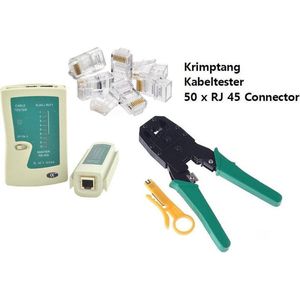 Krimptang met Kabelstripper, Kabeltester en 50 x RJ45 Connectoren | Netwerk Cat5E / Cat6 / RJ11 RJ12 RJ45 | UPT Kabel aansluit-combinatie