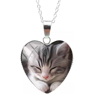 Verzilverde Bedel Kat | Hanger | Ketting Poes/ Kat | Hart Sieraad | Cadeau