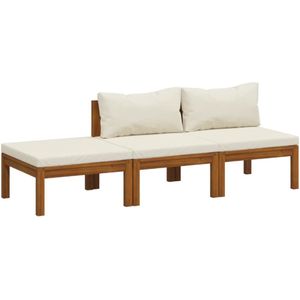 vidaXL 3-delige Loungeset met crèmekleurige kussens massief acaciahout - Tuinset - Tuinsets - Tuinmeubelset - Tuinmeubelsets