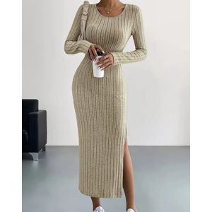 Fijne geribbelde stretch sexy sportief elegante warme jurk met split beige maat XL