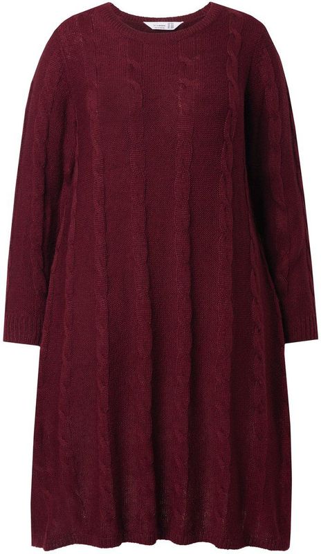 MIAMODA MIAMODA - Dames - Gebreide jurk A-lijn kabelsteek lange mouw - Donker wijnrood - Maat 42+