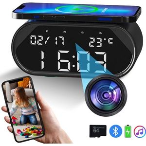 LotaHome - Digitale Klok met Verborgen Camera - Wifi Klok met Bluetooth Speaker - Spy Camera - Bewakingscamera - Bewegingsdetectie, Geluidsopname en Nachtfunctie - Klok met Draadloze Oplader - Full HD - iOS en Android - Inclusief 64 GB Geheugenkaart