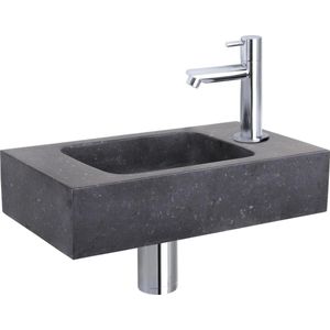 Differnz Fonteinset - Wasbak Natuursteen Bombai Black - Antraciet - Rechte Kraan - Chroom - Standaard Greep - 40 x 22 x 9 cm