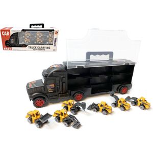 Bouw vrachtwagen transporter truck - speelgoed mini werkvoertuigen - transporter 6-delig set koffer - Oplegger - 34cm