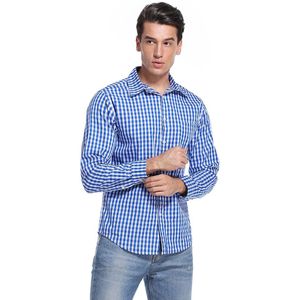 Traditioneel overhemd slim fit heren geruit overhemd casual overhemd lange mouwen overhemd geborduurd voor Oktoberfest, Carnaval, zaken, vrije tijd Blauw 38