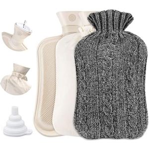 PolkaHome Warmwaterkruik met Premium Pluche Overtrek, 2 Liter Grote Capaciteit Natuurlijk Rubber Bedfles Inclusief Watertrechter, Ideaal voor Volwassenen en Kinderen, Winterverwarming, Grijs
