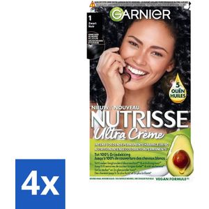 Garnier - Nutrisse Ultra Crème 1 - Haarkleuring - Zwart - Intens Voedend - Permanente Kleur - Voordeelverpakking - 4 stuks