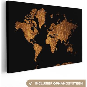 Canvas Wereldkaart - 140x90 - Wanddecoratie Wereldkaart - Zwart - Goud