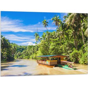 Vlag - Tropisch Kleurrijke Boot varend over Rivier in de Jungle - 100x75 cm Foto op Polyester Vlag
