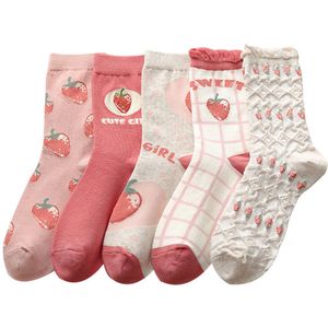 5 paar sokken - Dames herfst- en wintersokken - Dames aardbeiensokken - Modesokken met ronde hals - Prinsessensokken - Preppy-stijl sokken