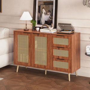 Gutent Dressoir, Walnoot , Vintage rotan design, Natuurlijk hout, met 2 deuren en 3 lades met zwarte handgrepen, geschikt voor eetkamer, keuken en woonkamer